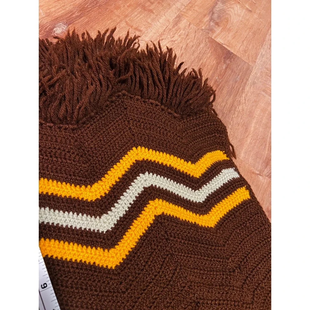 Handmade Crochet Throw Blanket Brown Orange Cream Excellent Retro 70s Chevron‎